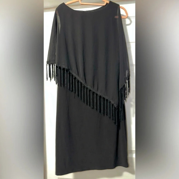 R & M Richards Black Dress Sleeveless Sheer fringed attached poncho - Picture 1 of 7